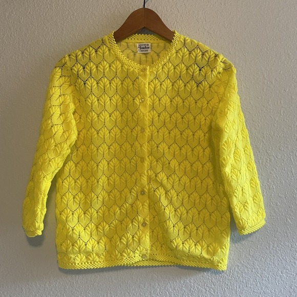 Vintage Pointelle-knit Crop Cardigan Women's Small Yellow Made in Japan Franshow - Picture 1 of 4